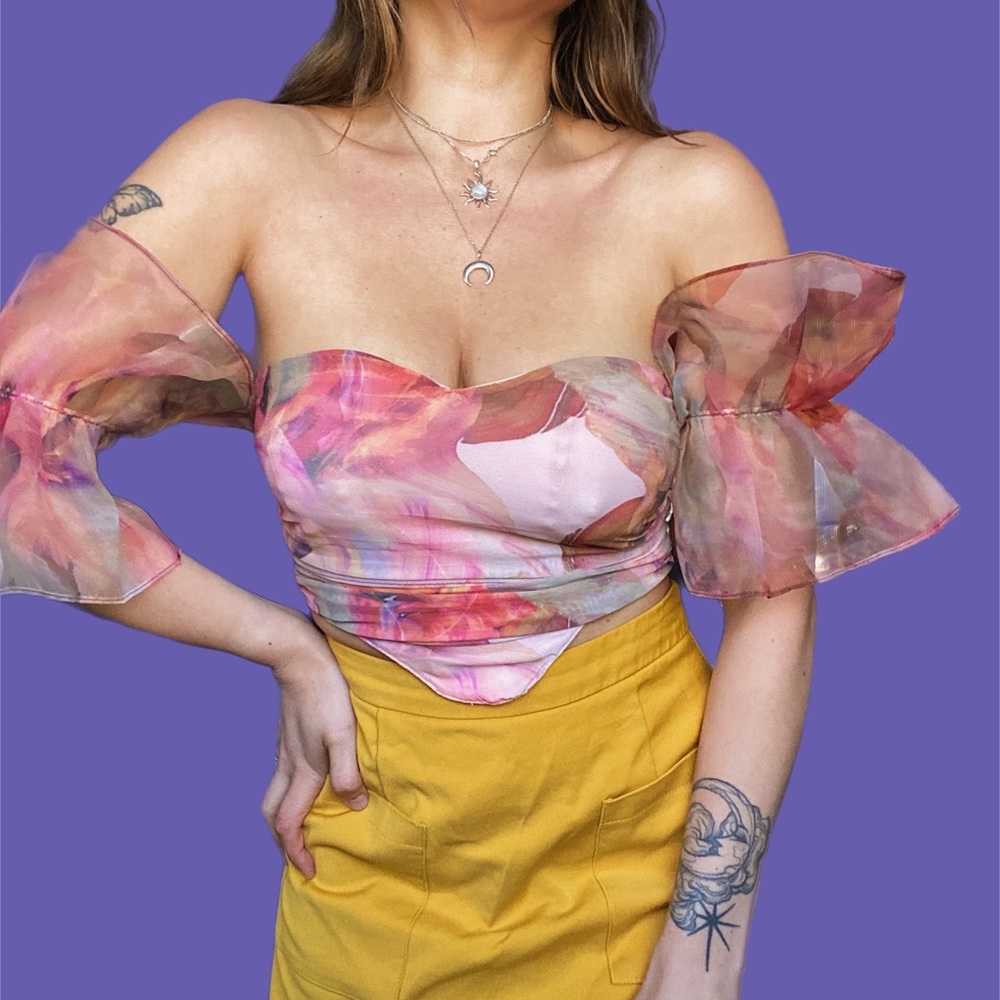 Off Shoulder Puffer Sleeve Organza Crop
